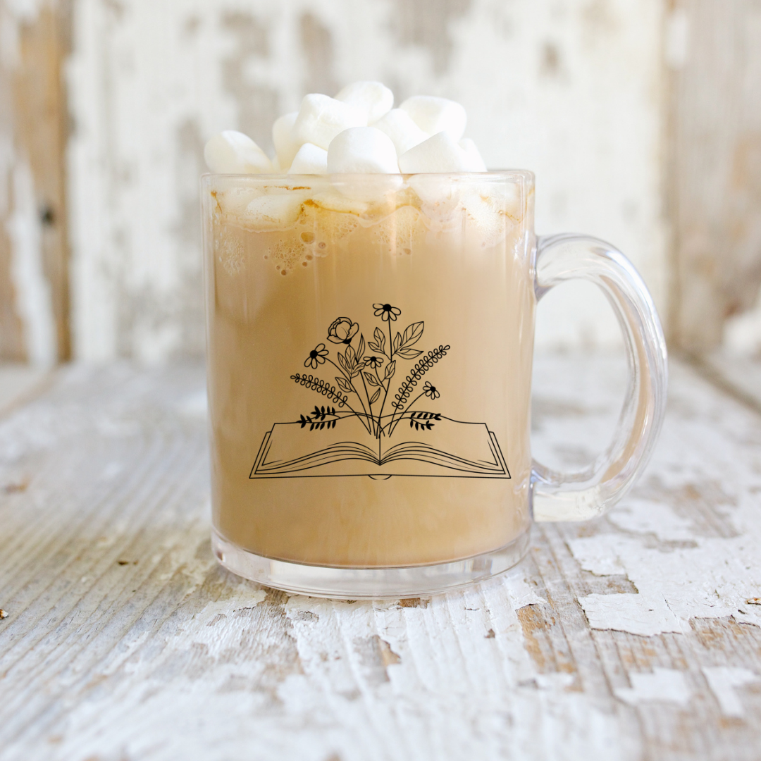Open Book Floral Glass Mug
