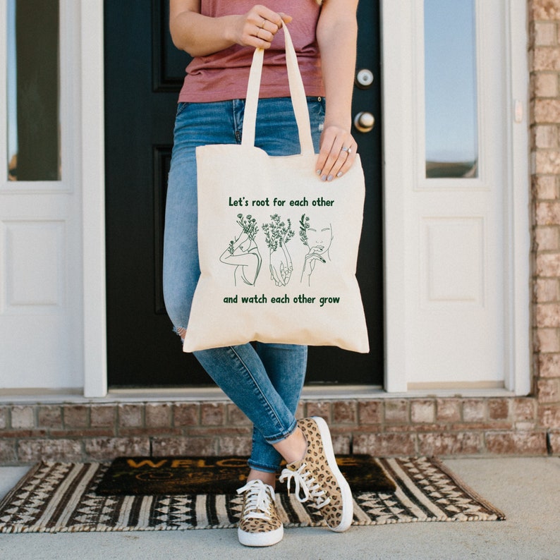 Let's Root For Each Other and Watch Each Other Grow Woman Floral Line Art Canvas Tote Bag