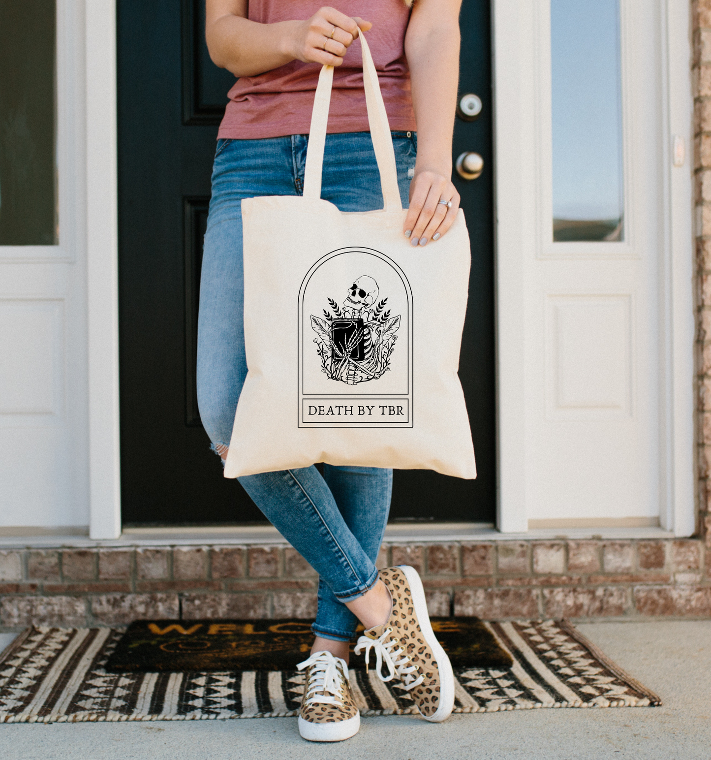 Death By TBR Skeleton Tote Bag