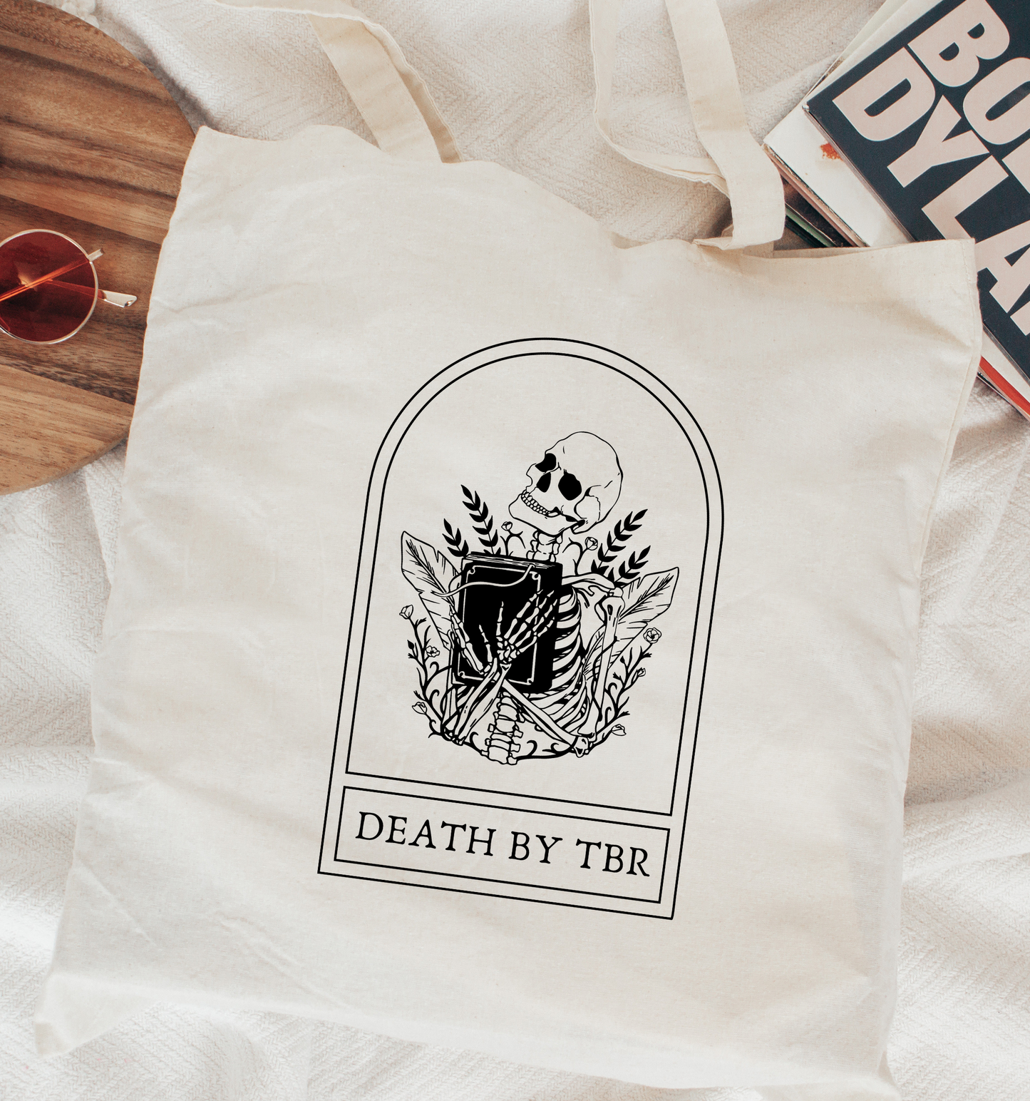 Death By TBR Skeleton Tote Bag