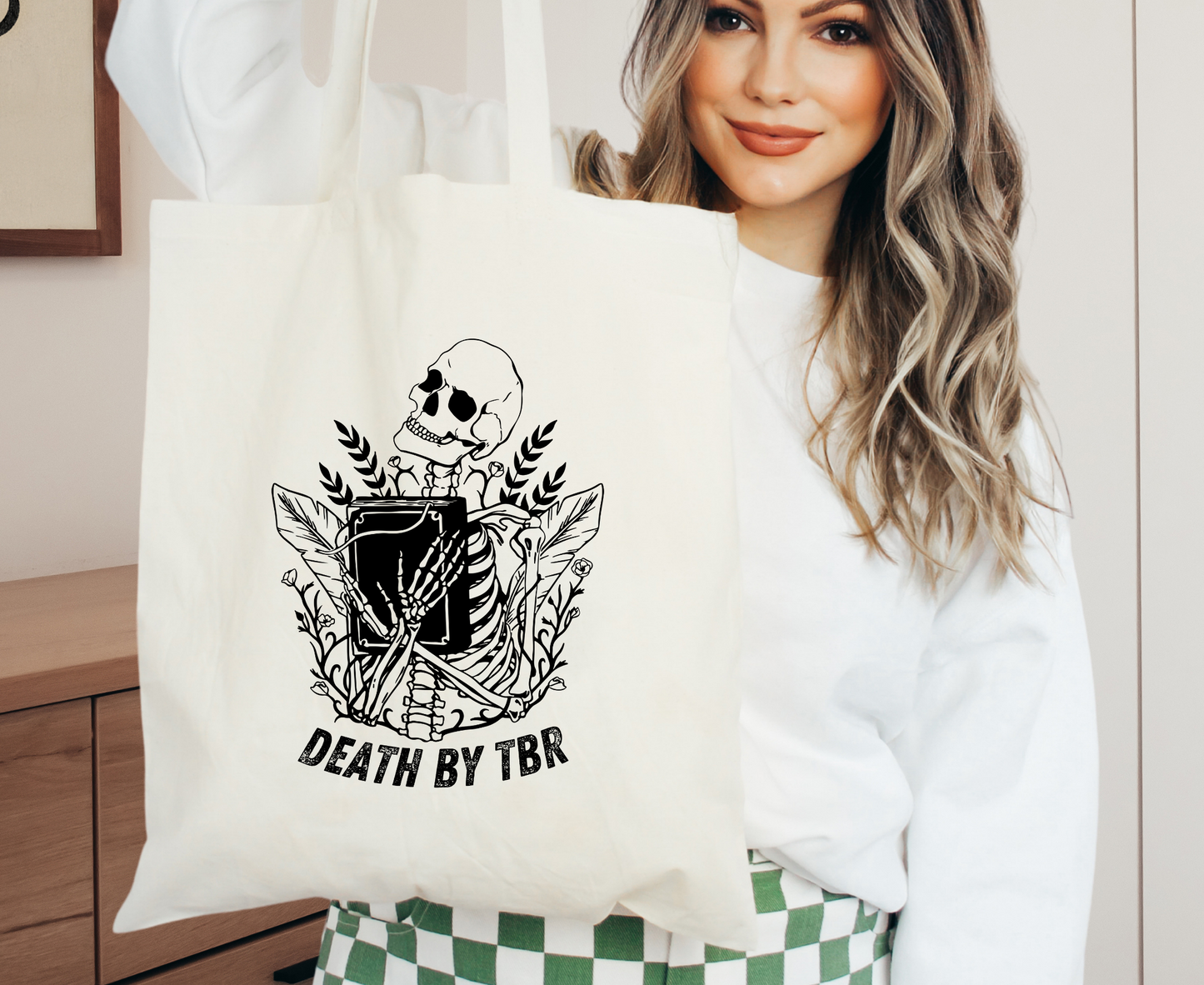 Death By TBR Skeleton Aesthetic Tote Bag