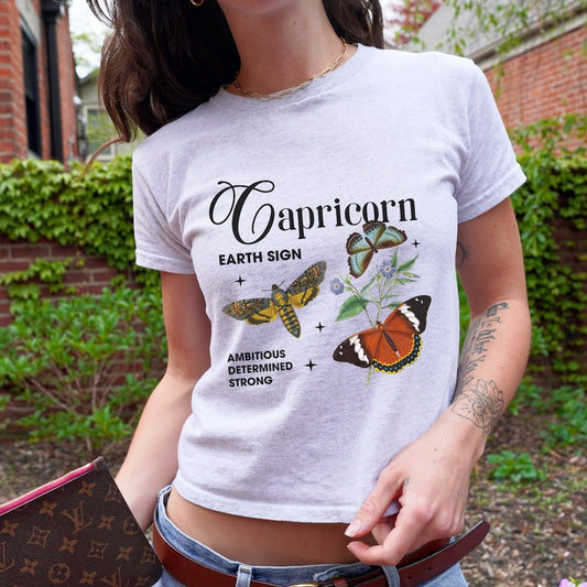 Capricorn 90's Baby Tee Zodiac Y2K Butterfly Shirt