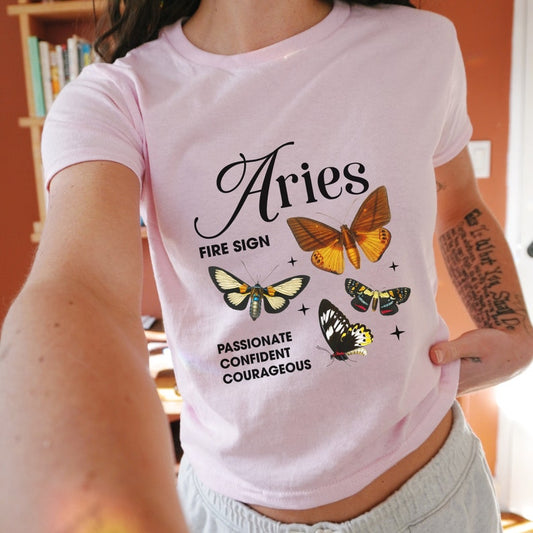 Aries 90's Baby Tee Zodiac Y2K Butterfly Shirt