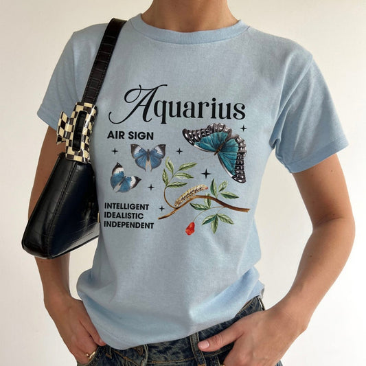 Aquarius 90's Baby Tee Zodiac Y2K Butterfly Shirt