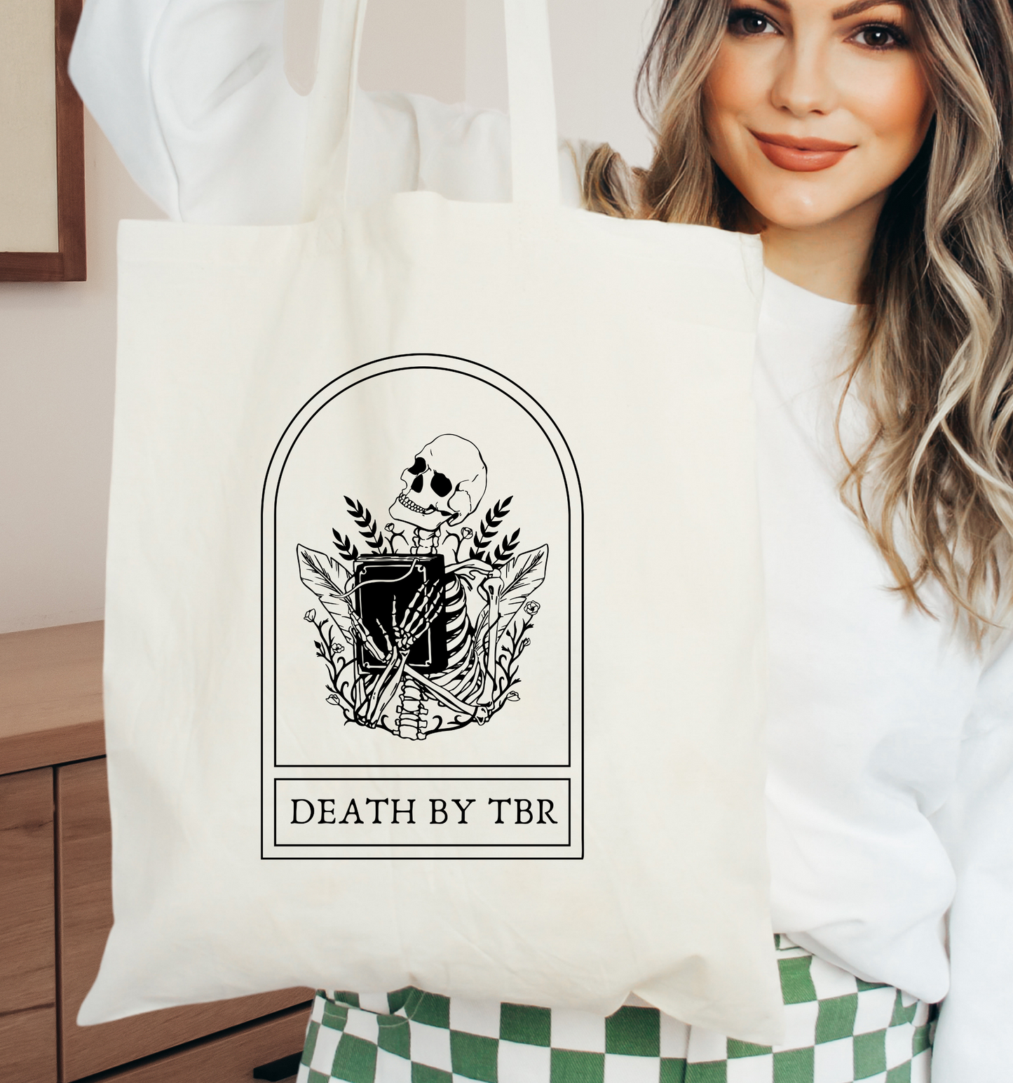 Death By TBR Skeleton Tote Bag
