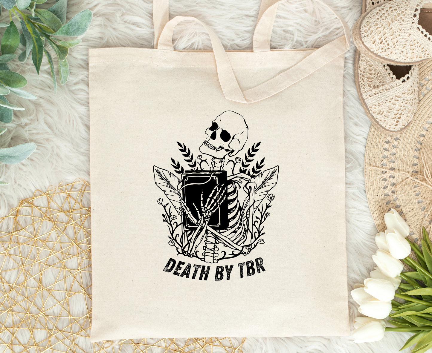 Death By TBR Skeleton Aesthetic Tote Bag